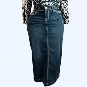 Hydraulic Dark Blue Denim Maxi Skirt